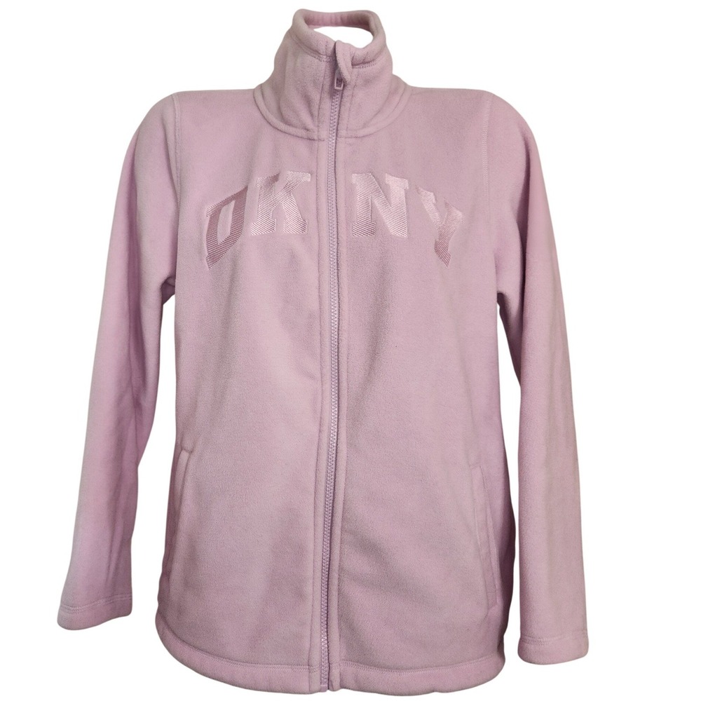 DKNY Sport Womens PXL Fleece Jacket Full Zip Mock Neck Lilac Pink Embroidered